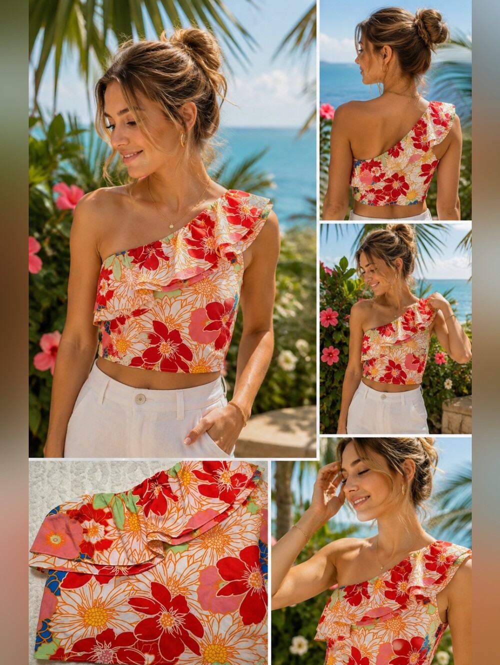 TCEC Tequila Sunrise One Shoulder Floral Crop Top NWT Size Small